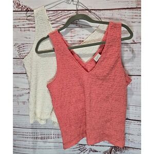 Lot of 2 Textured V-Neck Tank Tops Coral Pink Cream Women's Large NEW